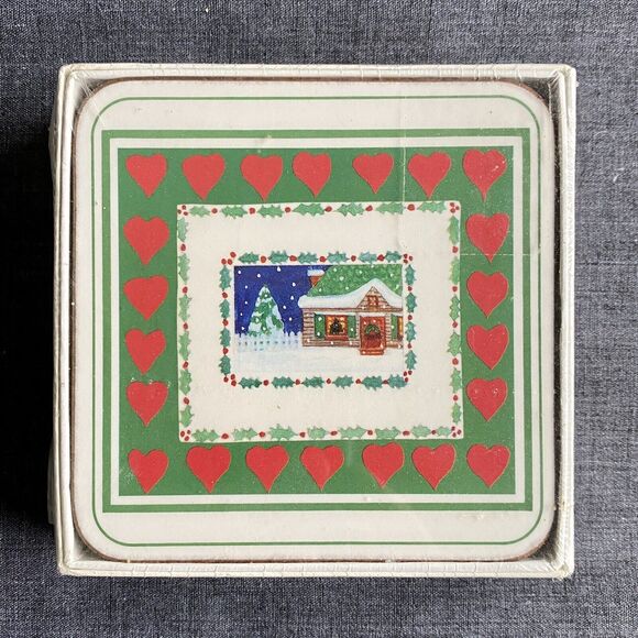 Vintage Christmas Hearts Six Coaster Set Cork Back English Life - Picture 1 of 3